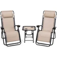Costway 3PCS Zero Gravity Reclining Lounge Chairs Pillows Table Portable Folding Beige