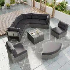 Patio Seating Set with Cushions and Glass Coffee Table, Outdoor Patio Sectional Sofa Set for Backyard, Garden, Deck or Lounge Area-Maison Boucle