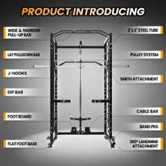 ODK Power Cage with Smithbar, 1600 Lbs Power Rack with LAT Pulldown, Multi-Functional Squat Rack, Power Cage for Home Gym Equipment
