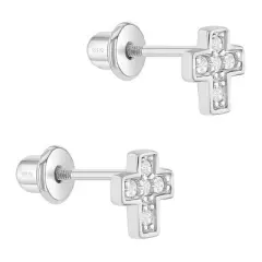 Girl's Tiny Classic CZ Cross Screw Back Sterling Silver Earrings - In Season Jewelry