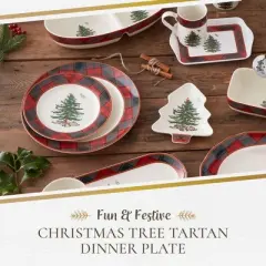 Spode Christmas Tree Tartan Dinner Plate, 10.5-Inch, Christmas Dishes with Tartan Plaid Border, Fine Earthenware, Microwave and Dishwasher Safe