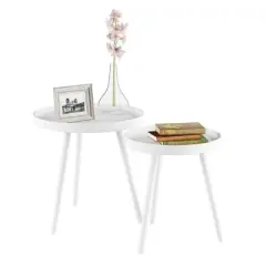 Hastings Home Mid-Century Circular Nesting End Tables With Tray Top - Matte White, Set of 2