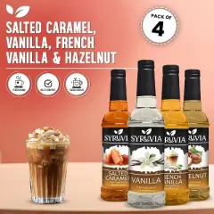 Syruvia Coffee Flavors Variety Pack: Salted Caramel, Vanilla, French Vanilla & Hazelnut 25.4 fl oz Syrup