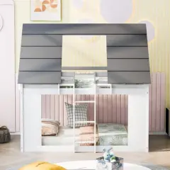 Twin over Twin Wood House Bunk Bed with Roof and Built-in Ladder, White-ModernLuxe