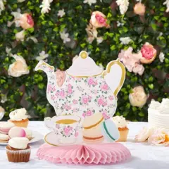 Sparkle and Bash 6 Pack Floral Teapot Honeycomb Decorations for Kids Birthday, Garden Tea Party Centerpieces for Tables, 9.8 x 11 In