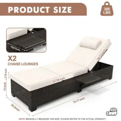 Outdoor PE Wicker Chaise Lounge Chairs, Pool Lounge Chairs Set of 2, Brown Rattan Pool Lounge Chairs Adjustable Backrest Recliners with Beige Cushion