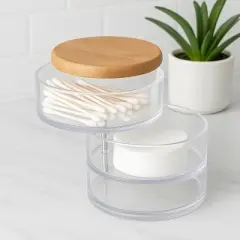 Makeup Organizer 3 Tier Rotating with Bamboo Lid, Clear Acrylic Jewelry Holder, Nonslip 360&deg; Rotating Storage Tray