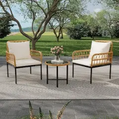 3-Piece Patio Furniture Set, Outdoor Wicker Rattan Chairs with Glass Table