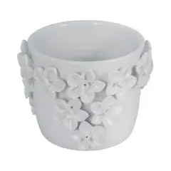 Planter Stoneware Ceramic Floral Design with Raised 3D Sculpted Flowers and Glossy Handcrafted Texture Detailing