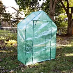 Sunnydaze Outdoor Portable Tiered Growing Rack Deluxe Walk-In Greenhouse with Roll-Up Door - 4 Shelves - Green