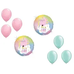 LOONBALLOON Unicorn Theme Balloon Set, 2x It's A Girl Unicorn Holographic Balloon and 6x latex balloons