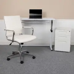 Flash Furniture Work From Home Kit - White Adjustable Computer Desk, LeatherSoft Office Chair and Inset Handle Locking Mobile Filing Cabinet
