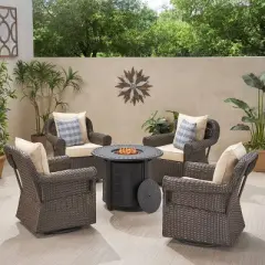 Amaya 5pc Outdoor 4 Wicker Swivel Chair & Fire Pit Set - Dark Brown/Beige/Matte Black - Christopher Knight Home