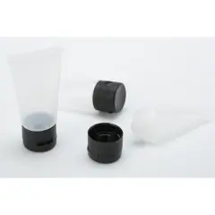 TravelWell 50 Pcs Clear Plastic Empty Bottles with Black Flip Cap, 30ml, Includes 2 Injector Syringes, Refillable Hand Cream Tubes