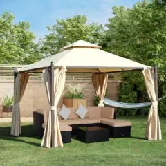 Outsunny 10' x 10' Outdoor Patio Gazebo Canopy with Polyester Privacy Curtains, Two-Tier Roof