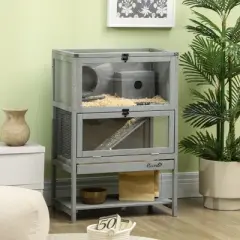 PawHut 35.5" Wooden Hamster Cage, Mice Rodent Small Animals Kit Hutch, w/ Storage Shelf, Sliding Tray, Seesaw, Running Wheel, Lockable Roof Grey