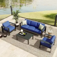 Homhougo 5 Seats Aluminum Patio Furniture Set, 4 PCS Outdoor Sectional Conversation Set with 4" Wide Armrest, Backyard Sectional Sofa Set