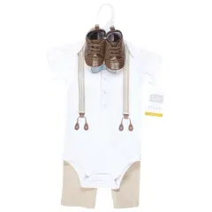 Hudson Baby Infant Boy Cotton Bodysuit, Pant and Shoe Set, Taupe Mint Suspender