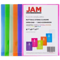 JAM Paper 6 1/4" x 9 1/4" 6pk Plastic Envelopes with Button and String Tie Closure, Open End: Document Storage Accessory