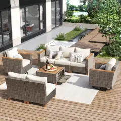8-Piece Wicker Patio Conversation Set, 2 Rattan Swivel Rocking Chairs with Thick Cushions and Acacia Storage Table &ndash; Cuddlewood