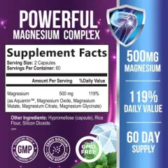 Magnesium Complex 500mg with Oxide, Malate, Citrate, Glycinate - High Absorption - 60 Count;120 Count