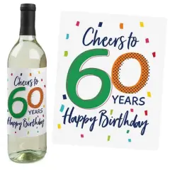 Big Dot of Happiness 60th Birthday - Cheerful Happy Birthday - Colorful Sixtieth Birthday Party Decor - Wine Bottle Label Stickers - Set of 4