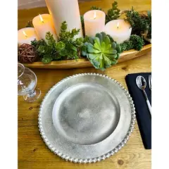 Essential Decor & Beyond 12.5" Rustic Round Aluminum Silver Charger with Beaded Rim Set of 4