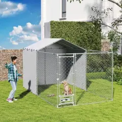 PawHut Large Outdoor Dog Kennel, Chain Link Dog Kennel Outside with Weather Resistant Cover, Rotating Bowls Door, for M&L Dogs