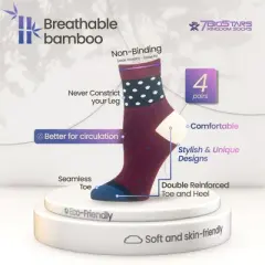 Women's Viscose Patterned Bamboo Diabetic Quarter Non-Binding Socks- L-M - 4 Pack - Heart, Dot, Flower | 7BIGSTARS KINGDOM