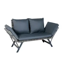 JUJABU Patio Wicker Side Foldable Bench with Dark Gray Cushion