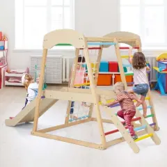 Costway 6-in-1 Indoor Jungle Gym Wooden Playground Climber Playset for Kids 1+ Years Multicolor/Natural