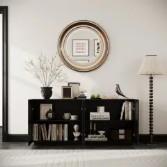 Accent Storage Cabinet, Modern Buffet Sideboard Console Table with 4 Doors and Adjustable Shelves Black