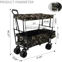 Outdoor Garden Park Wagon with Canopy and Pockets, Foldable Portable Utility Beach Trolley Cart with 7" Wheels for Camping Garden Sports