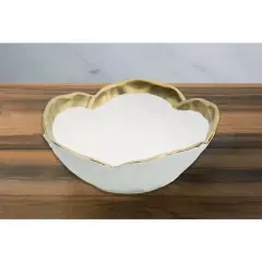 Classic Touch White Porcelain Flower Shaped Bowl with Gold Rim, 7"D
