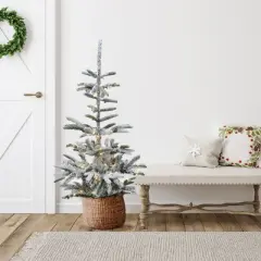 Northlight Real Touch&trade;️ Pre-Lit Slim Flocked Nordmann Fir Artificial Christmas Tree - 4.5' - Warm Clear LED Lights