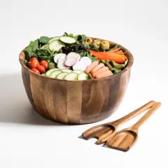 Kalmar Home Natural Acacia Wood Salad Bowl Set with Servers &ndash; Extra Large 13"x 6" Wide  Bowl for Entertaining