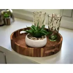 13" Round Acacia Wood Charcuterie/Serving Tray &ndash; Rustic Wooden Platter for Food, Drinks & Entertaining