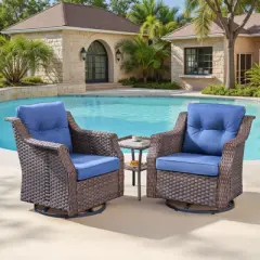 Buenhomino 3-Piece Outdoor Wicker Swivel Rocker Chair Set with Side Table, All-Weather PE Rattan Glider Chairs with Cushions for Patio or Deck