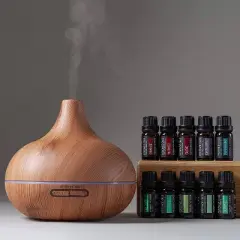 Ultimate Aromatherapy Diffuser Set 10 Essential Oils with Stand Light Wood - Pure Daily Care