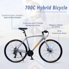Road Bike With 24 Speeds Drivetrain, 700C Bike With Disc Brakes, Lightweight City Bike Aluminum Alloy Frame,Road Hybrid Bike