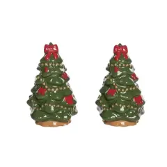Transpac Dolomite Bow Trees Salt and Pepper Shaker Set Ceramic Christmas Decor for Festive Gatherings Gift Hostess