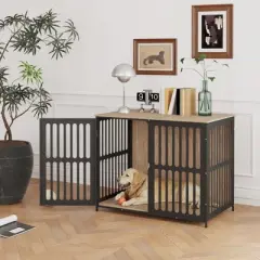 PawHut Dog Crate Furniture, 39" Dog Cage Furniture End Side Table w/ Anti-Chew Resistant Mesh, Anti-Escape Single Door, for Large Dogs, Walnut Brown