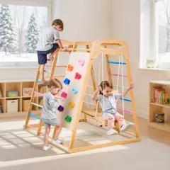 VEVOR Indoor Playground Jungle Gym, 7-in-1 Wooden Indoor Playground for Kids, 250LBS Montessori Climbing Toys Playset with Swing, Multicolor