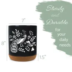 Elanze Designs 8 inch Floral Peacock Large Ceramic Kitchen Utensil Holder Black and White Crock with Cork Base