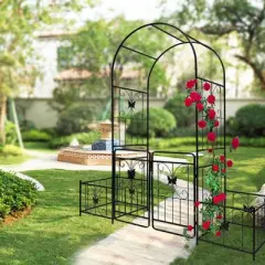 Lirago Metal Garden Arch with Double Gate Black Powder Coated Steel Trellis for Climbing Plants 86.6"H * 40.2"W * 19.7"D
