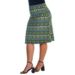 Womens Plus Size Green Geometric Elastic Waist Knee Length Skirt