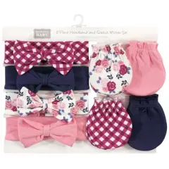 Hudson Baby Infant Girl Cotton Headband and Scratch Mitten Set, Pink Navy Floral, 0-6 Months
