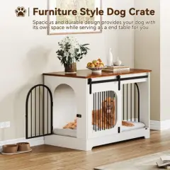 Dog Crate Furniture, 39.4" Dog Kennel for Dogs Up to 70 Lb, with Bed Mat, Heavy-Duty Dog Cage End Table, Three Doors Dog House, White