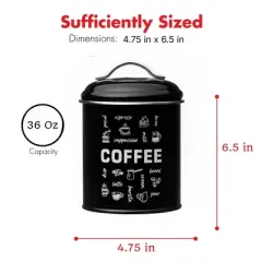 Amici Home Coffee Fix Metal Canister, 36 Oz Push Top Lid with Silicone Gasket - Black Decorative Coffee Storage Container with Patchwork Design