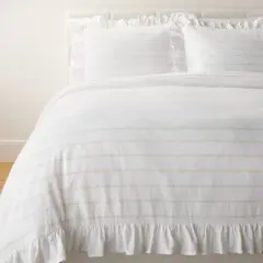 Yarn Dye Stripe with Ruffle Duvet Cover & Sham Set White/Khaki - Threshold&trade; with Studio McGee